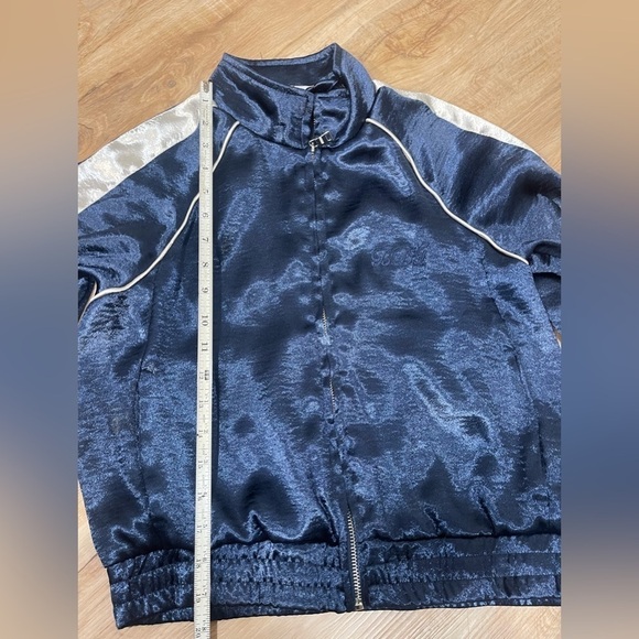 BDG Y2k Silky Satin Track Jacket Shiny Party Varsity Bomber Blue/White Size S - Picture 5 of 7